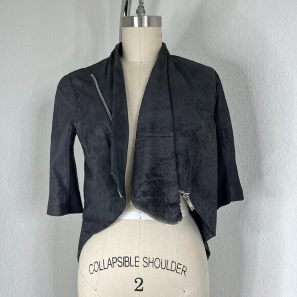 Rick Owens DRKSHDW Lamb Leather Cropped Gray Short Sleeve Zip Jacket - Picture 3 of 13